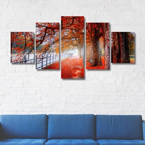 Modern Canvas Living Room Pictures Painting Wall Artwork 5 Panel Red maple leaves HD Printed Modular Poster