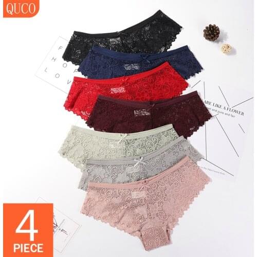 QUCO Brand Womens Sexy Panties Soft Underwear Elestic Lingerie for Female Breathable Briefs Lace And Hollow Cotton Crotch Panty