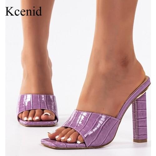 Kcenid Elegant Slides Women 11cm High Heels Mules Patent Leather Pumps Leisure Purple Party Ladies Prom Slippers Womens Shoes