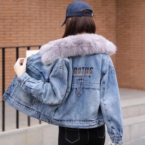 Faux Fur Collar Thicken Cropped Denim Jacket Women Streetwear Embroidery Fleece Warm Jean Jacket Casual Loose Korean Winter Coat