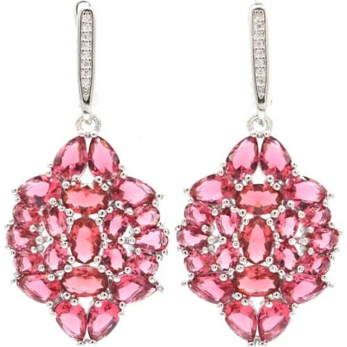 46x21mm Gorgeous Jewelry Set 7.2g Created Pink Raspberry Rhodolite Garnet CZ Women 925 Sterling Silver Pendant Earrings