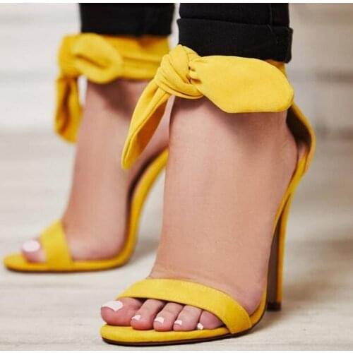 Yellow Ankle Strap Open Toe Women Sandals Butterfly-Knot Lace Up Cover Heel High Heel Wedding Shoes Sweet Rome Sandales Femmes