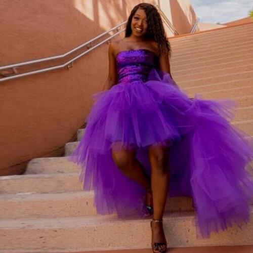 Fashion Ruffle Tulle Hi Low Women Skirts Puffy Chic Tiered Tutu Zipper Waistline Purple Formal Prom Skirts Custom Made Any Color