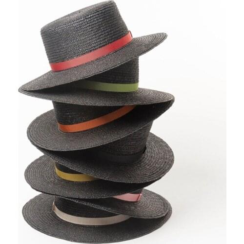 Wholesale Black Women Beach Hat Ribbon Band Boater Hat Wide Brim Summer Sun Beach Hats Wheat Straw Cap Kentucky Derby Hat