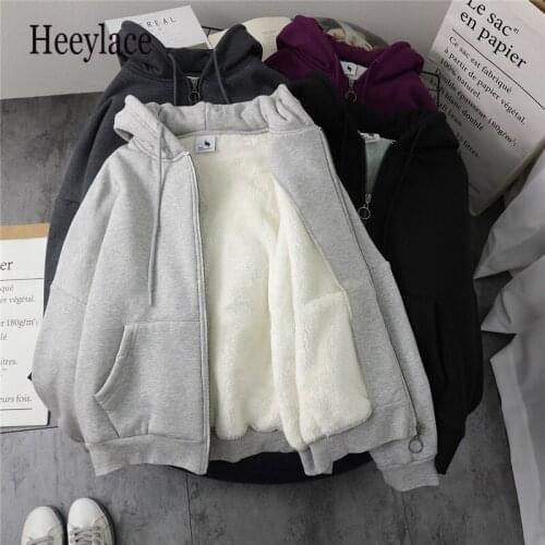 With Hat Hoodies Women Thicker Winter Warm Soft Simple Basic Zip-up Teens Outerwear Hoodie Korean Popular Trendy Ladies Clothes