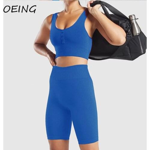 Womens Biker Shorts 2 Piece Set Crop Tops Leggings Sport Wear Workout Gym Clothes Yoga Suits with Button