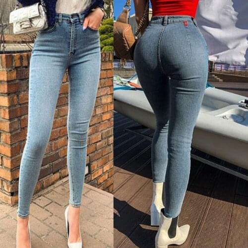 Spring Autumn Womens Jeans High Waist Stretch Skinny Denim Pants 2021 Vintage Blue Washed Elastic Slim Wrap Hip Pencil Trousers