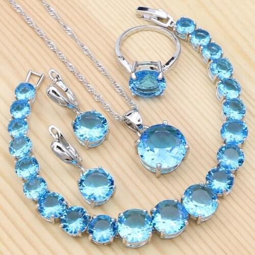 925 Silver Jewelry sets Sky Blue Natural Stones CZ For Women Party Necklace Earrings Pendant Ring Bracelet Set
