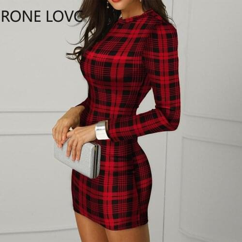 Women Plaid Long Sleeve Bodycon Dress Party Sexy Dress Elegant Fashion Dress