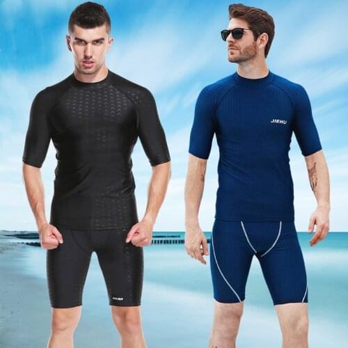 1*Set Mens Swimming Diving Surfing Suits Shark-skin Like Material Clinging Half-sleeve/Sleeveless Top & Shorts Set Two Pieces