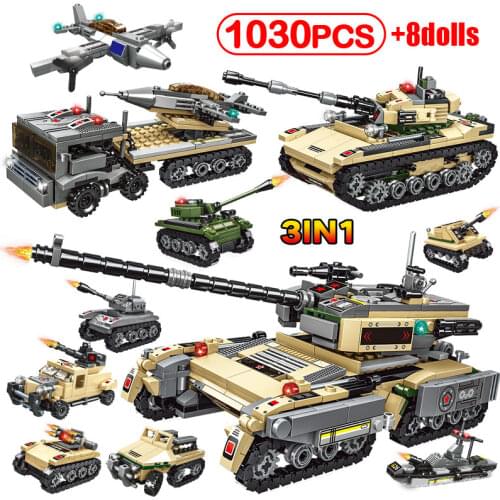1030pcs 3 in 1 City Military Weapon Tank Building Blocks WW2 Army Fighter Track Car Soldier Figures Bricks Toys For Boys Gifts