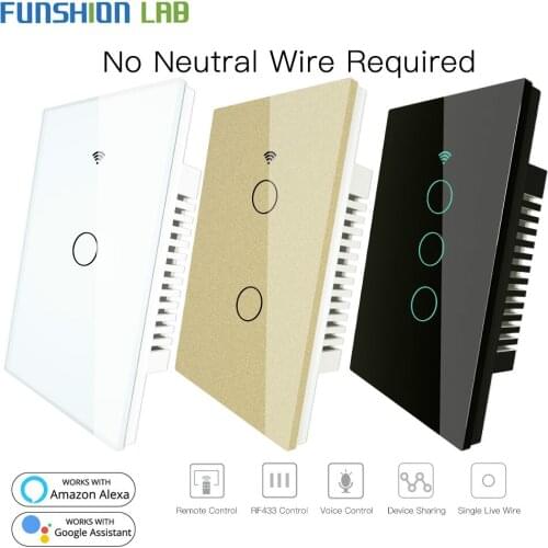White RF433+WiFi Smart Wall Touch Switch No Neutral Wire Needed Single Wire Wall Switch Work with Alexa Google Home 170-250V