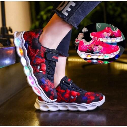 Spiderman Princess Frozen Anna Elsa Kids Led Light Shoes Girls Children Boy Light Up Luminous Sport Sneakers Glowing illuminated