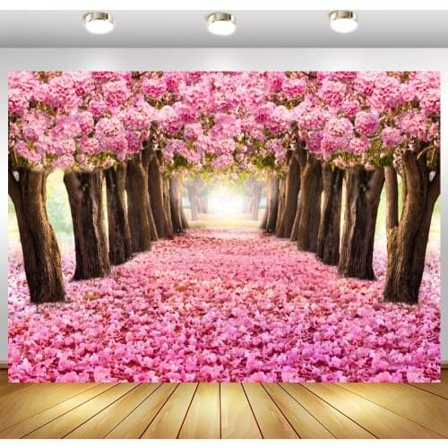 Laeacco Pink Blossom Flowers Tree Petal Way Love Romantic Child Portrait Photo Backdrops Backgrounds Photocall Photo Studio