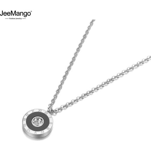 JeeMango Black Acrylic Circle Roman Numeral Pendant Necklaces For Women Titanium Steel CZ Wedding Necklace Jewelry JN19106