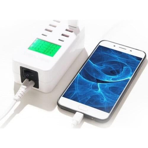 Mobile Phone Multi-port Charger Double Type-c Qualcomm QC3.0 Fast Charge LCD Smart Screen Digital Display With Switch