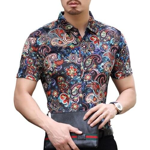 Shirt Red Flower Men Business Casual Short Sleeve Velvet Shirt Mens Hawaiian Shirt Chemise Homme Velvet Print Shirt