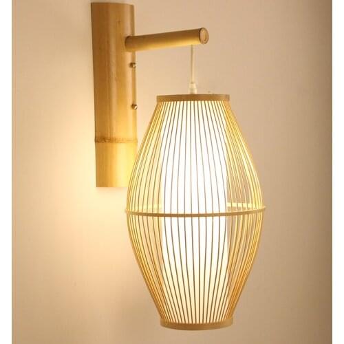 Bamboo Wicker Rattan Lantern Shade Wall Lamp Fixture Rustic Country Asian Japanese Sconce Light Home Bedroom Living Room Hallway