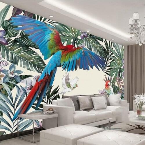 Custom wallpaper 3d photo murals Nordic hand drawn tropical rainforest plant parrot background wall paper mural papel de parede