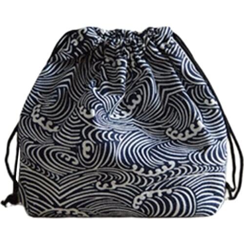 Students Picnic Cotton Linen Lunch Bag Portable School Travel Drawstring Storage Printed Bento Pouch Japanese Style Box