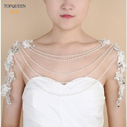 TOPQUEEN G05 Pearl Bolero Crystal Beaded Lace Embroidery Bridal Shawl Elegant Wedding Shawl Sequin Cape Shoulder Cape White Cloa