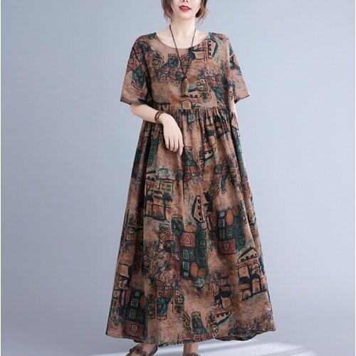 Tie Dye Vintage Oversized Dress Thin Soft Cotton Linen Loose Summer Dress Beach Style Women Holiday Travel Casual Long Dress
