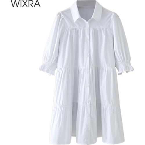 Wixra Womens Short Sleeve Dresses Turn Down Collar Elegant Loose High Street Cothing 2021 Spring Summer