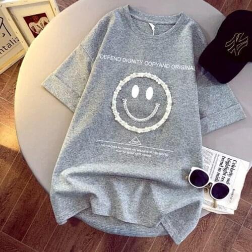 2021 Beading Smile Women T-Shirt Long Harajuku Oversize Short-Sleeve HIp Hop Women Cotton Loose Korean Ins Female Clothes