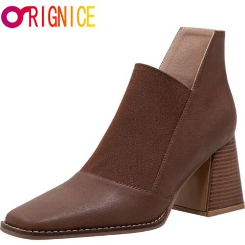 Orignice 2022 Ankle Boots Autumn Winter New Comfortable Thick Heel Square Toe Top Quality Leather Knitted Stretch Patchwork Shoe