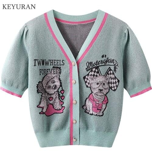 Summer Knitted Cropped Cardigan Sweater Women 2021 Thin Cartoon Letter Embroidery Contrast Color Short-Sleeve V-neck Knit Tops