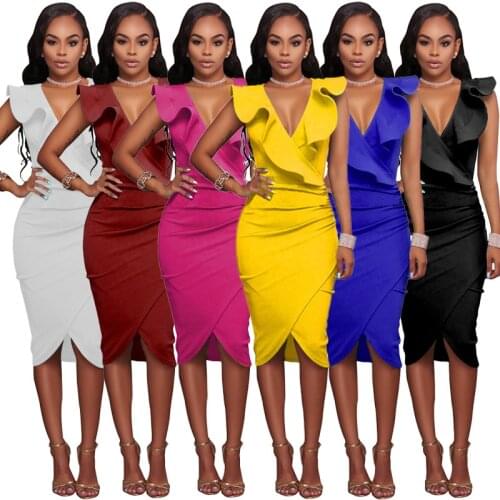 Woman Dress Elegant Short Puff Sleeve High Waist Solid Dress Sexy Deep V Neck Ruffle Bodycon Dresses Wholesale Dropshipping