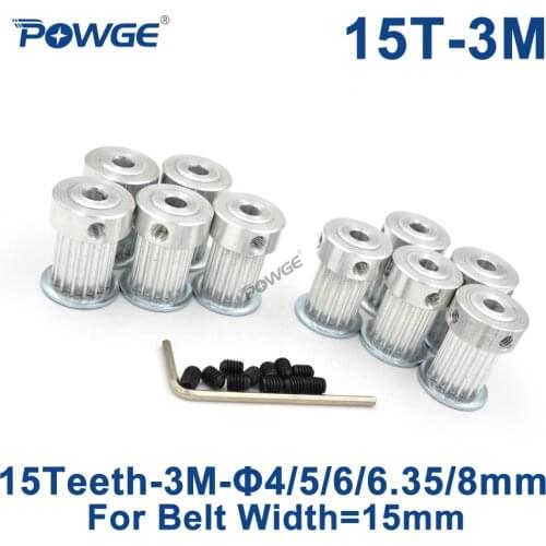 POWGE 10pcs 15 Teeth 3M Timing Pulley Bore 4mm 5mm 6mm 6.35mm 8mm for Width 15mm HTD3M Timing belt HTD 3M Pulley CNC 15Teeth 15T