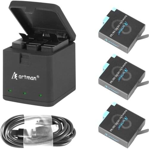 Artman Gopro 1500mAh Replacement Batteries(3-Pack) and 3-Channel LED Storage Charger Compatible with GoPro Hero 8/7/6/5 Black