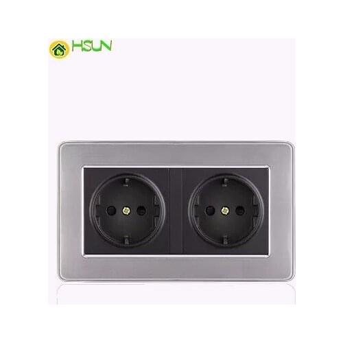 Germany 16A Eu Standard Wall Double Socket Luxury Power Outlet Stainless Steel Brushed Silver Panel 146mm*86mm Ac 110~250v