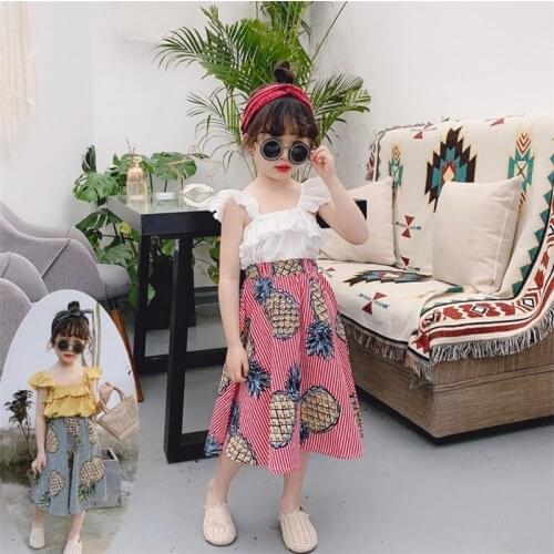 Summer New Style Girls Clothing Sets Solid color halter top + Pineapple stripe skirt 2Pcs Children Clothes Travel Suits 3Y-8Y