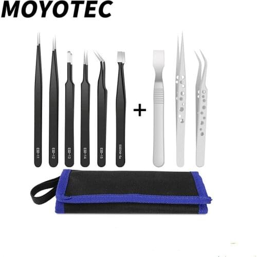MOYOTEC 9Pcs Precision Tweezers Tools Set Anti-static Multi-functional Repair Tools Set Carbon Steel Hand Tools Set