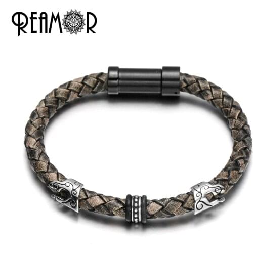REAMOR Classic 316l Stainless Steel Roman Warrior Helmet Genuine Leather Bracelet For Men Charm Jewelry Handmade Wristband Gift