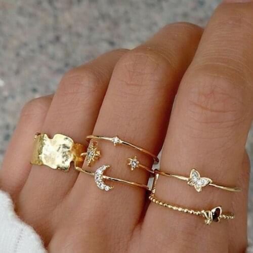 6 Pcs/Set Vintage Gold Crystal Star Moon Rings Set Trendy Butterfly Finger Rings for Women Knuckle Ring Jewelry Gifts
