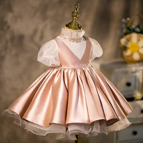 Baby Flower Girl Dress Kids Clothes Girls Lolita Dress Evening Dresses Short Sleeve Princess Beading Party Dress Pink Vestidos