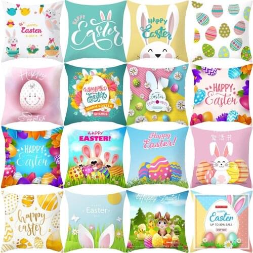 Happy Easter Cushion Cover Cartoon Rabbit Bunny Egg Print Throw Pillow Cover Polyester Cushion Case Sofa Decorative Pillow Case