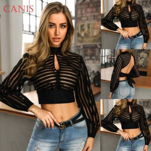 Sexy Womens Mesh See Through Long Sleeve Shirts Ladies Slim Casual Autumn Tops