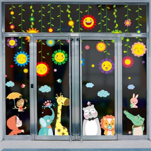 [SHIJUEHEZI] Cartoon Animals Wall Stickers DIY Sunflower Plants Wall Decals for Kids Rooms Baby Bedroom Home Decoration