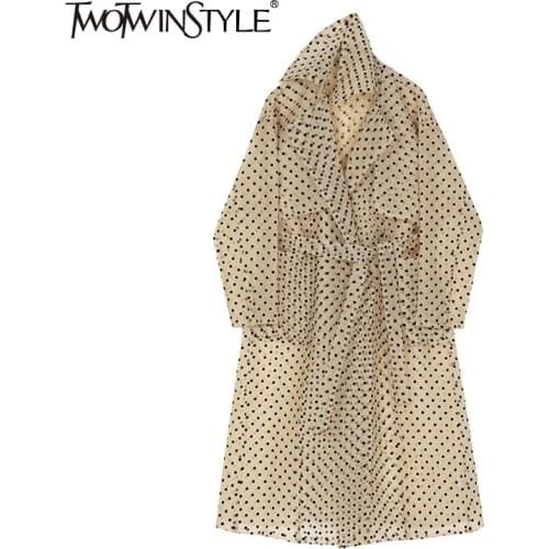 TWOTWINSTYLE Print Dot Casual Windbreaker For Women Lapel Long Sleeve Lace Up Bow Loose Trench Female Fashion New Clothing 2021