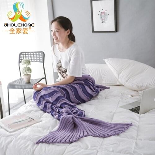 Yarn Knitted Mermaid Tail Blanket Handmade Crochet Mermaid Blanket Throw Bed Wrap Super Soft Sleeping Bed Waving Striped