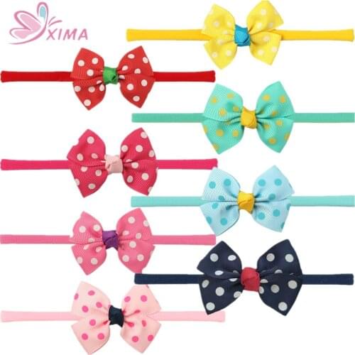 XIMA 8pcs 2.5''New Arrival Dot Hair Bows Headband with Nylon Headband Girls Hair Accessories Elastic Hair Bands Kids Headwear