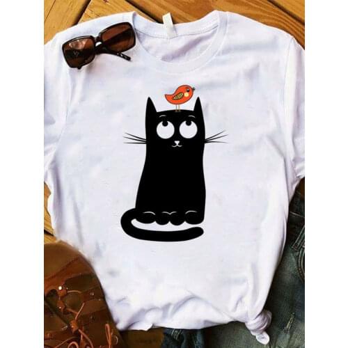 Women Lady T Shirt Cartoon Cat Bird Printed Tshirt Ladies Short Sleeve Loose Tee Shirt Women Female Tops Clothes Graphic T-shirt