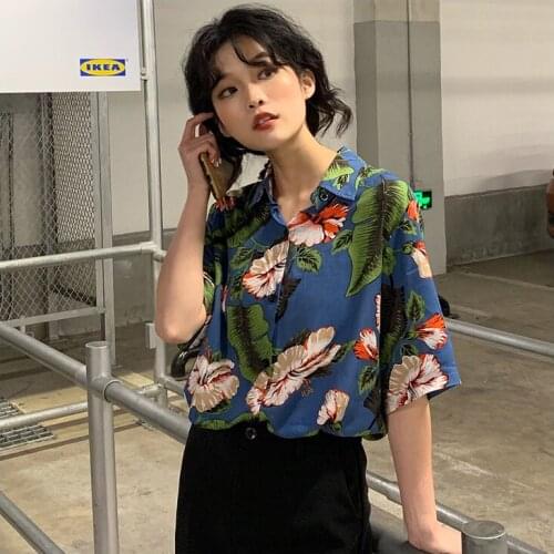 Women chic harajuku vintage print comic painting short sleeve shirt thin summer chiffon T shirt soft polo-neck girl shirt 2277