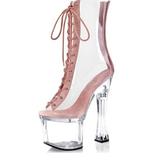 18CM Platform Ankle Women Boots Peep Toe Pole Dance Shoes Sexy Fetish Stripper Heels Models Show Lace Up Gothic Nightclub New