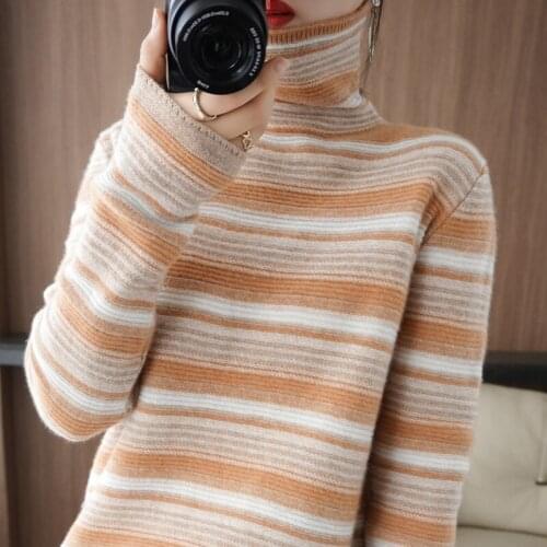 Autumn and Winter pile Collar color matching Wool Sweater Womens self-cultivation Pullover Sweater Base stripe retro Casual