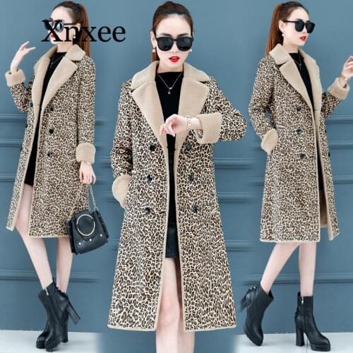 Womens winter Pu Fur coat Fashion leopard print lapel double-breasted Add velvet to Thicken Medium length plus-size jacket